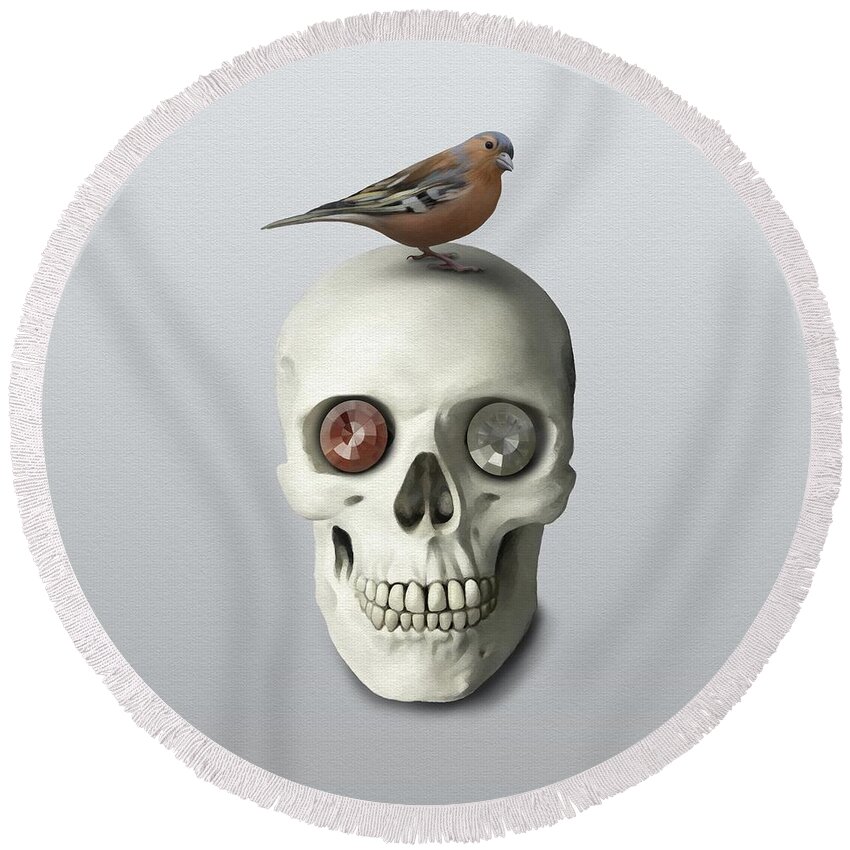 Skull Round Beach Towel featuring the painting Skull and bird by Ivana Westin