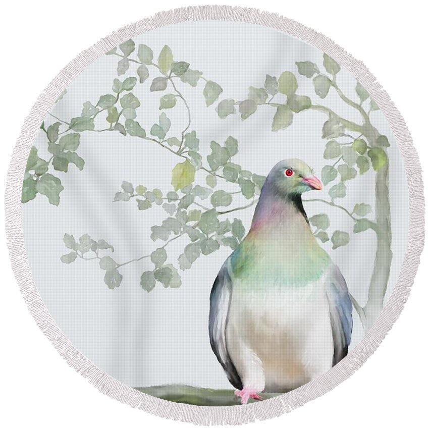 New Zealand Round Beach Towel featuring the painting Wood Pigeon by Ivana Westin