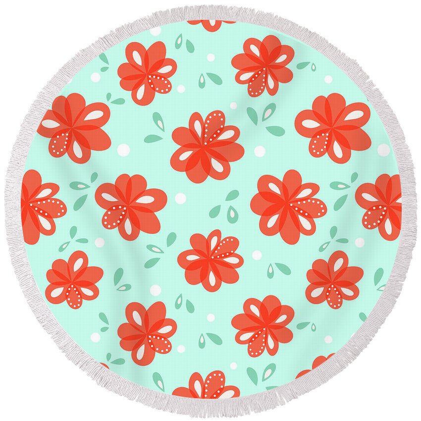 Floral Round Beach Towel featuring the digital art Cheerful Red Flowers by Boriana Giormova