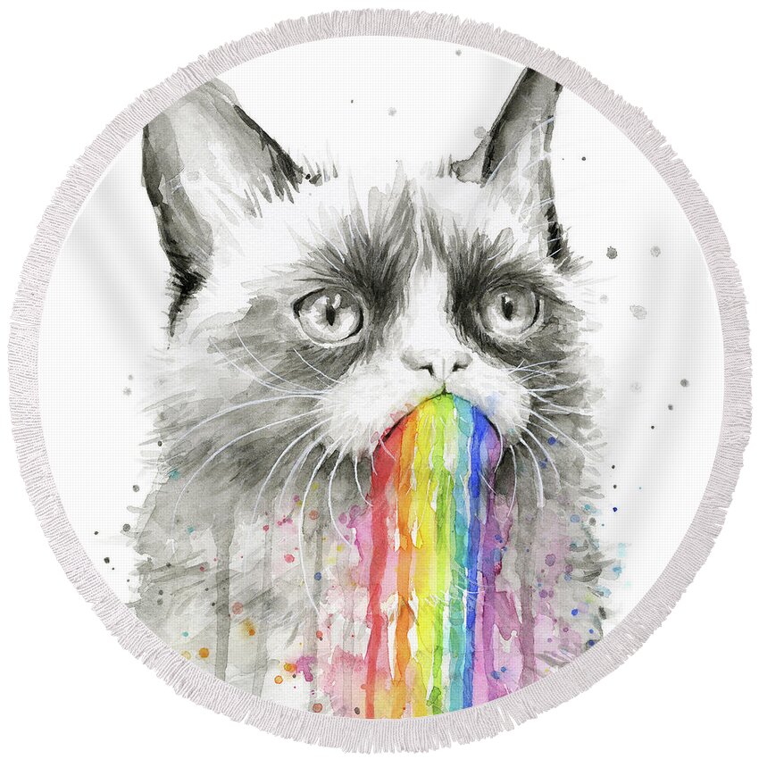Grumpy Round Beach Towel featuring the painting Grumpy Rainbow Cat by Olga Shvartsur