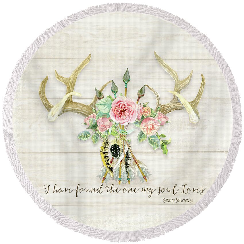 Watercolor Round Beach Towel featuring the painting BOHO Love - Deer Antlers Floral Inspirational by Audrey Jeanne Roberts