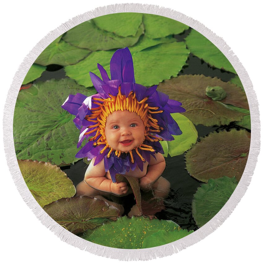 Flower Round Beach Towel featuring the photograph Tayla as a Waterlily by Anne Geddes