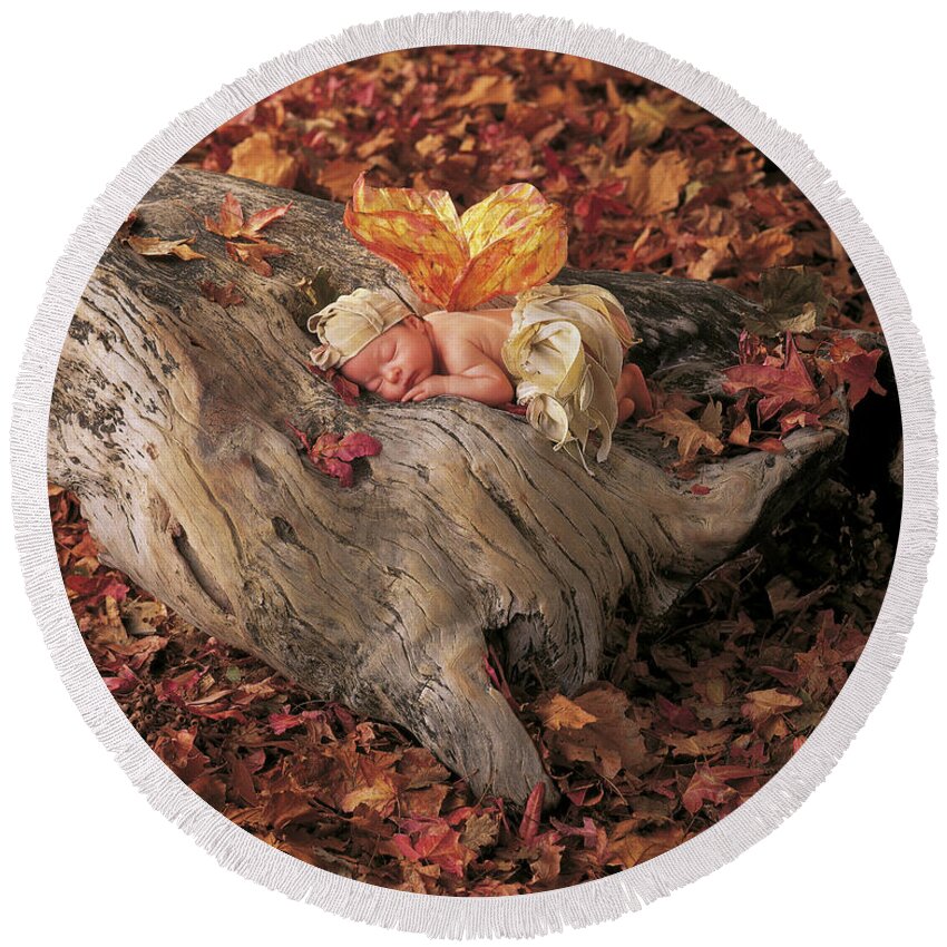 Fall Round Beach Towel featuring the photograph Woodland Fairy by Anne Geddes