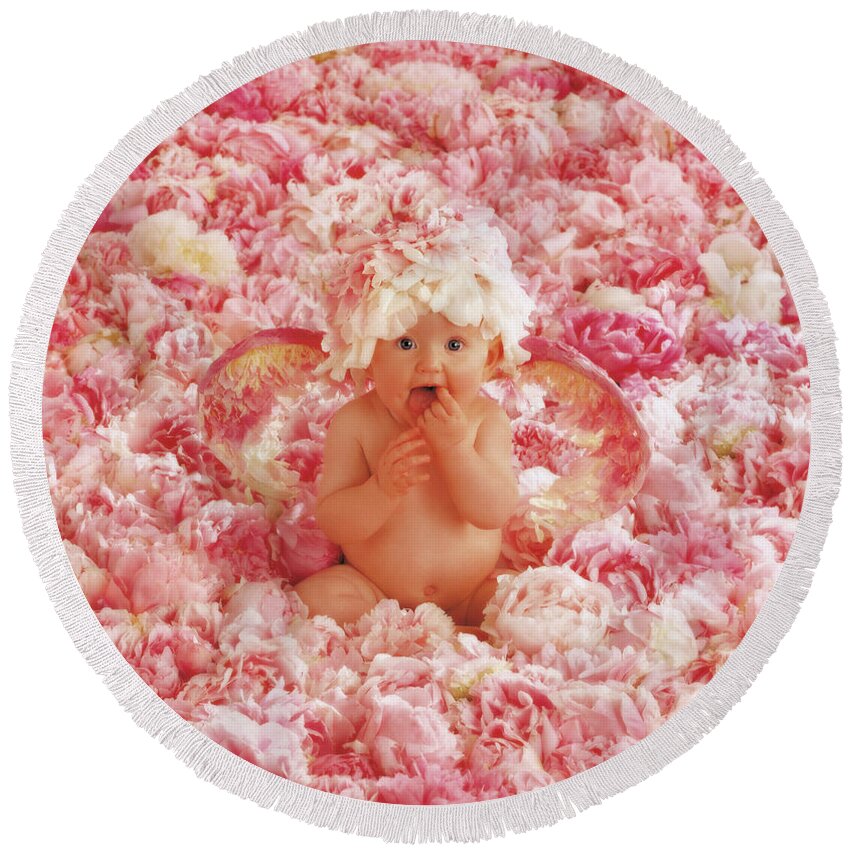 Angel Round Beach Towel featuring the photograph Peony Angel by Anne Geddes