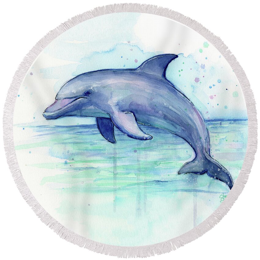 Dolphin Round Beach Towel featuring the painting Dolphin Watercolor by Olga Shvartsur