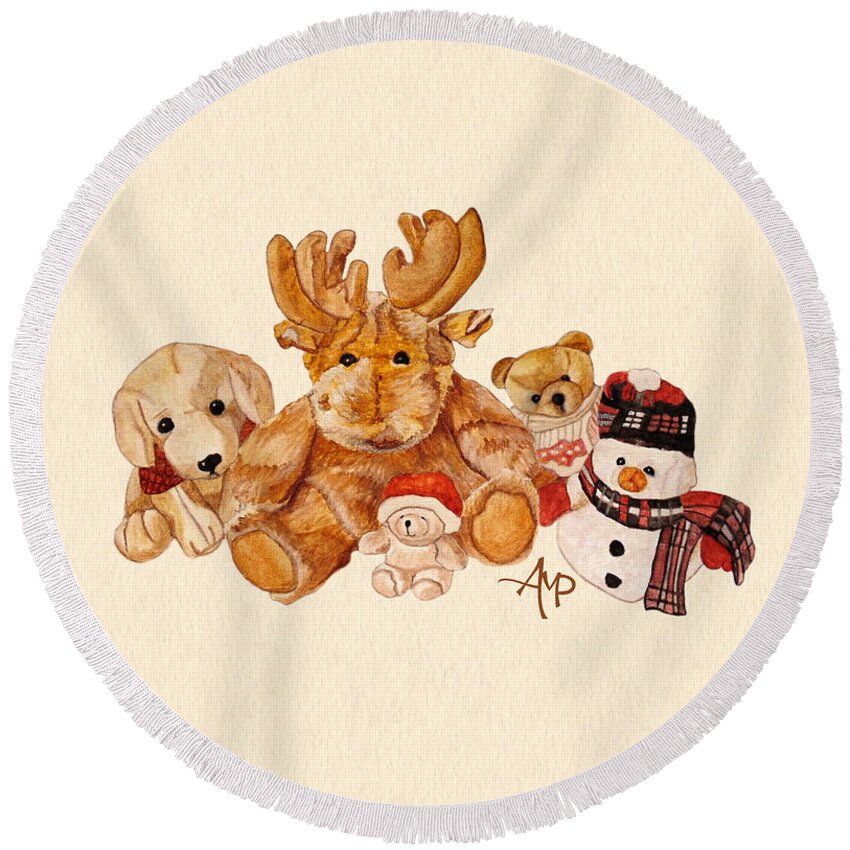 Cuddly Animals Round Beach Towel featuring the painting Snowy Patrol by Angeles M Pomata