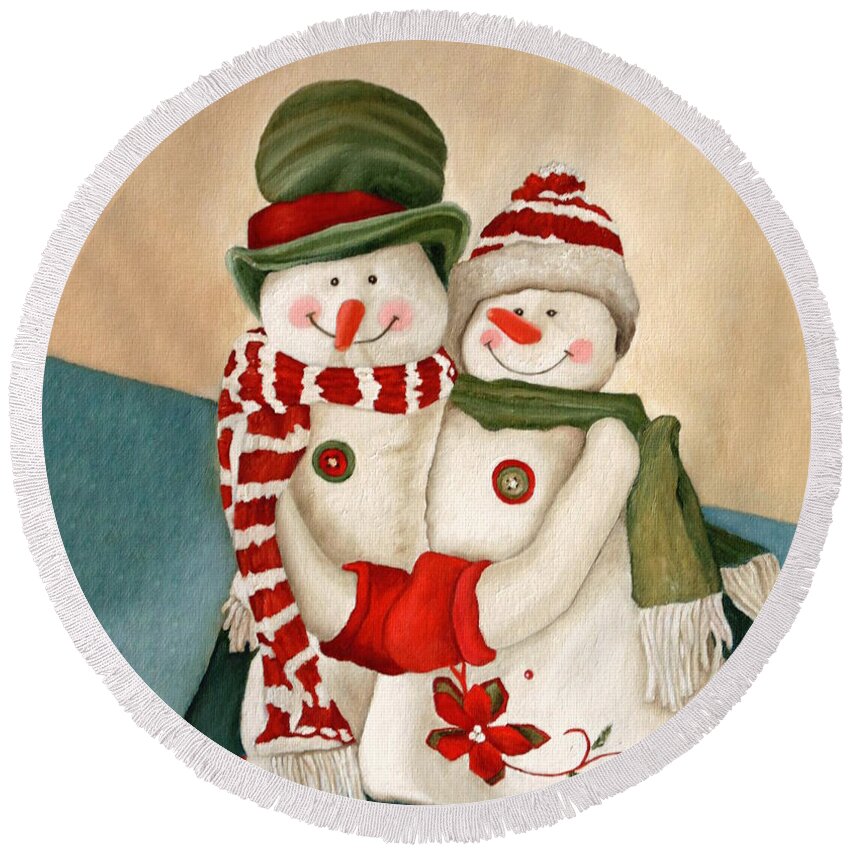 Snowman Round Beach Towel featuring the painting Mr. And Mrs. Snowman Vintage by Angeles M Pomata