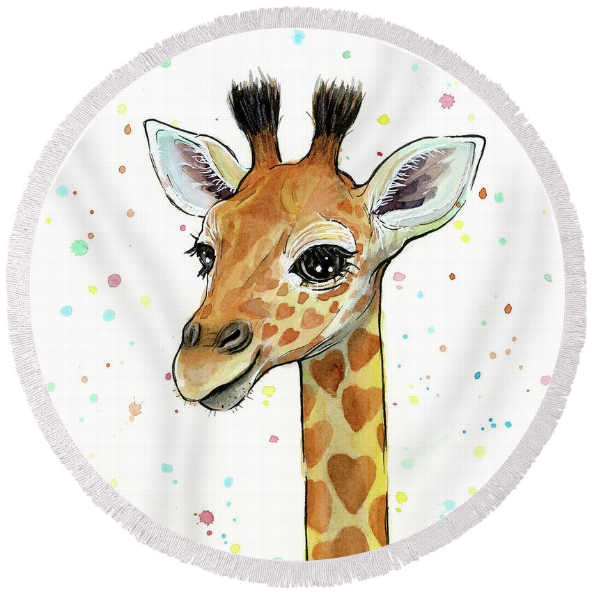 Watercolor Giraffe Round Beach Towel featuring the painting Baby Giraffe Watercolor with Heart Shaped Spots by Olga Shvartsur