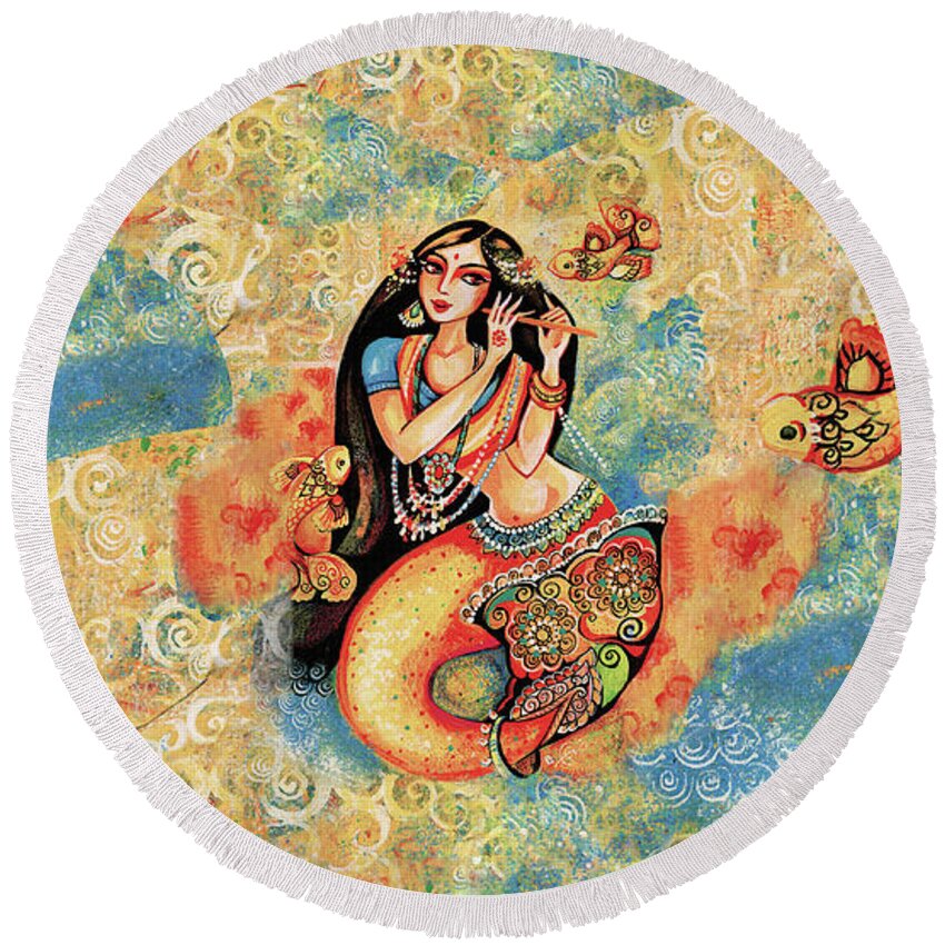 Sea Goddess Round Beach Towel featuring the painting Aanandinii and the Fishes by Eva Campbell