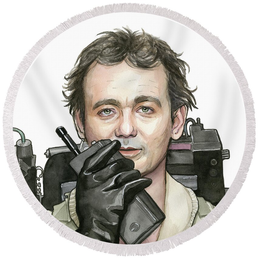 Bill Murray Round Beach Towel featuring the painting Bill Murray Ghostbusters Peter Venkman by Olga Shvartsur