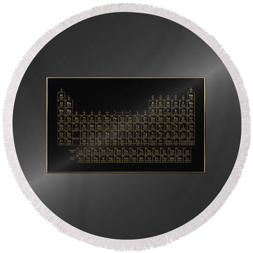 'the Elements' Collection By Serge Averbukh Round Beach Towel featuring the digital art Periodic Table of Elements - Gold on Black Metal by Serge Averbukh