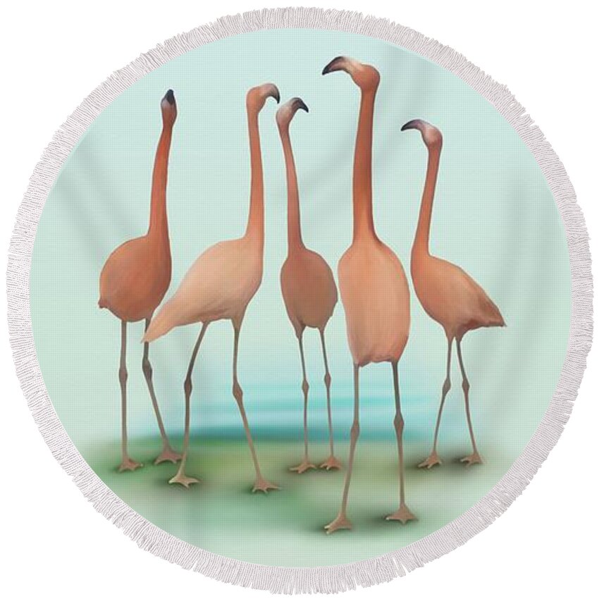 Drawing Round Beach Towel featuring the painting Flamingo Mingle by Ivana Westin