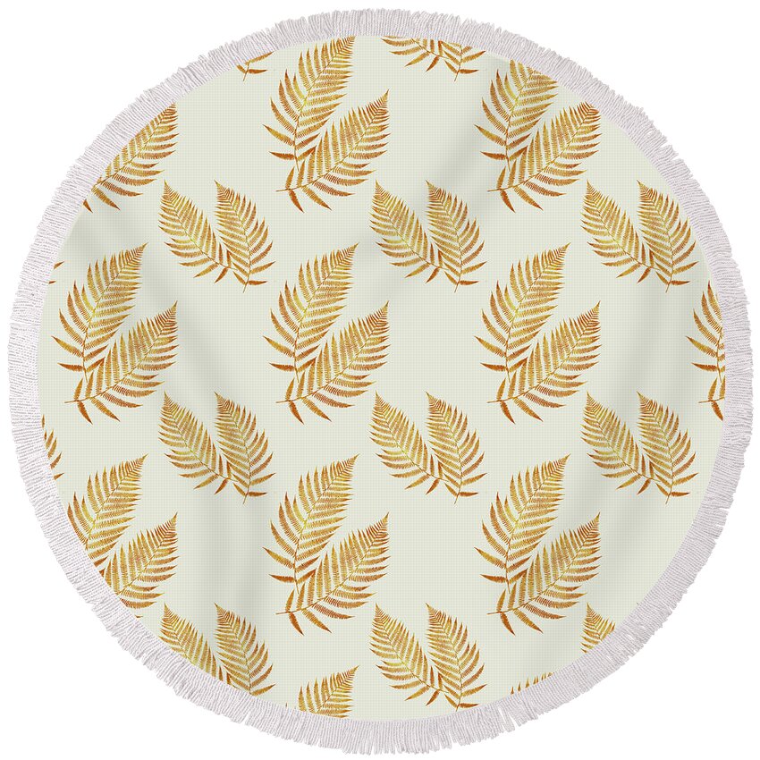 Fern Leaves Round Beach Towel featuring the mixed media Gold Fern Leaf Art by Christina Rollo