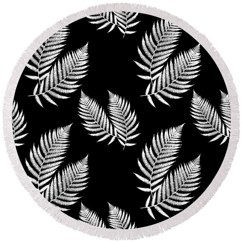 Fern Leaves Round Beach Towel featuring the mixed media Fern Pattern Black and White by Christina Rollo