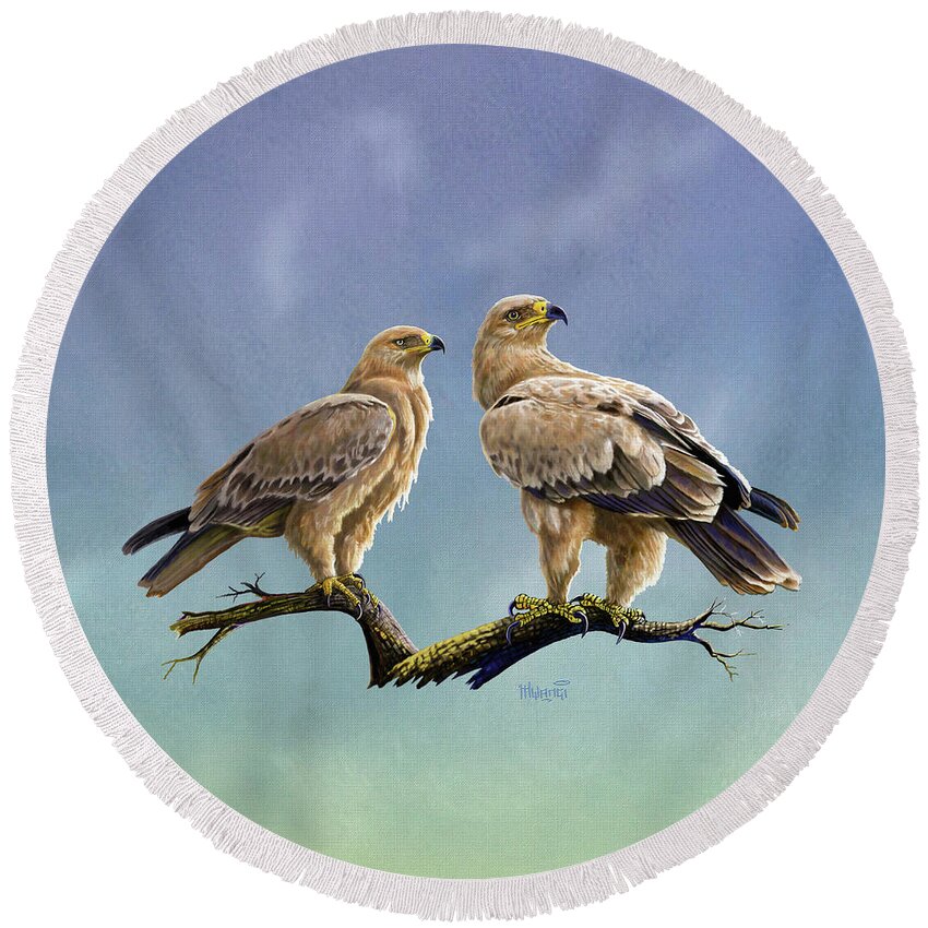Kenya Round Beach Towel featuring the painting Tawny Eagles by Anthony Mwangi