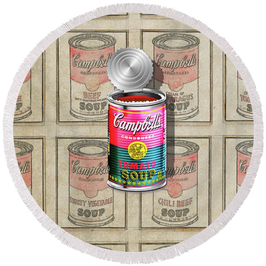 'visual Art Pop' Collection By Serge Averbukh Round Beach Towel featuring the digital art Campbell's Soup Revisited - Pink and Green by Serge Averbukh