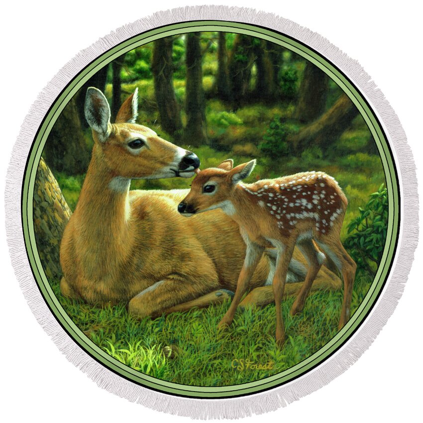 Deer Round Beach Towel featuring the painting Whitetail Deer - First Spring by Crista Forest