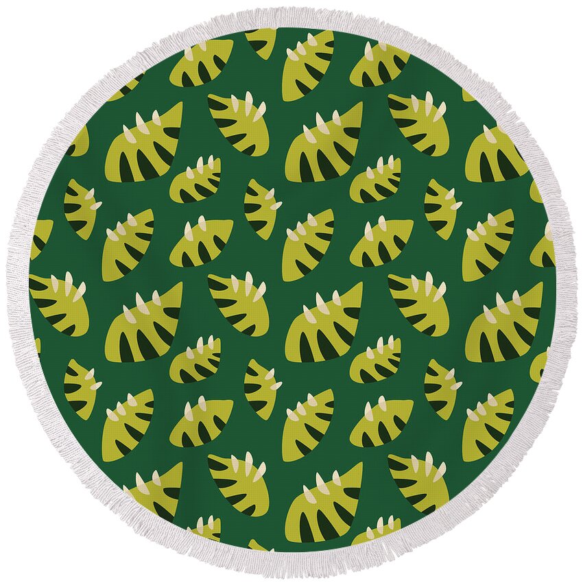 Green Leaf Pattern Round Beach Towel featuring the digital art Clawed Abstract Green Leaf Pattern by Boriana Giormova