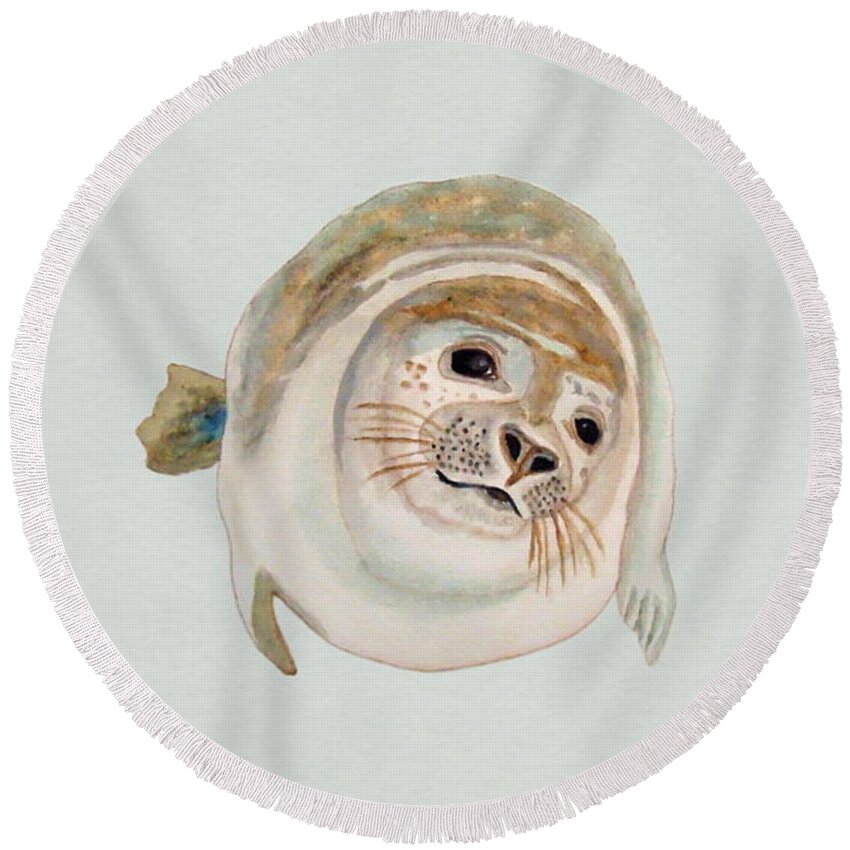 Sea Lion Round Beach Towel featuring the painting Sea Lion Watercolor by Angeles M Pomata