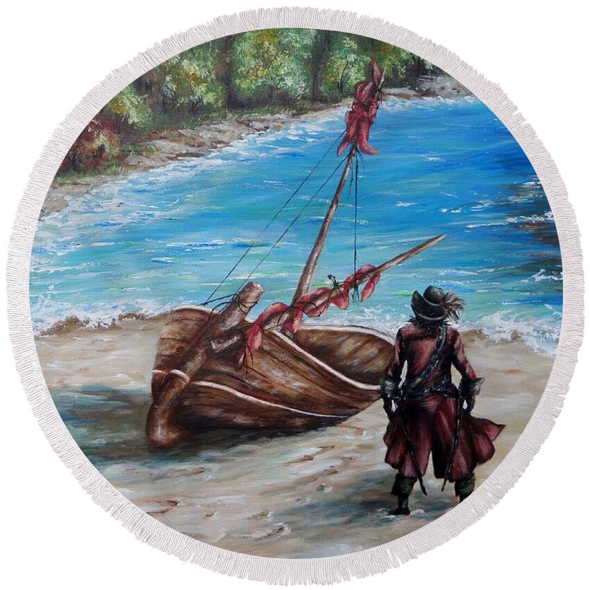 Treasure Round Beach Towel featuring the painting Treasure bay by Elwira Bernaciak