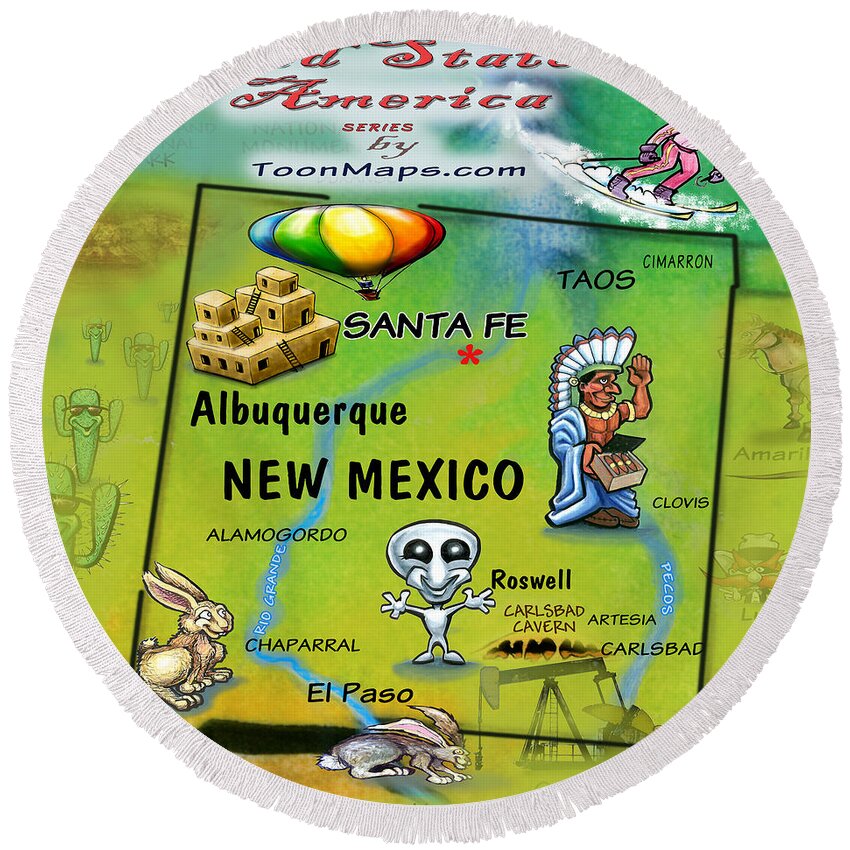New Mexico Round Beach Towel featuring the digital art New Mexico Fun Map by Kevin Middleton