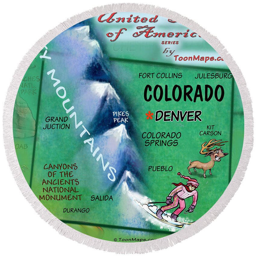 Colorado Round Beach Towel featuring the digital art Colorado Fun Map by Kevin Middleton