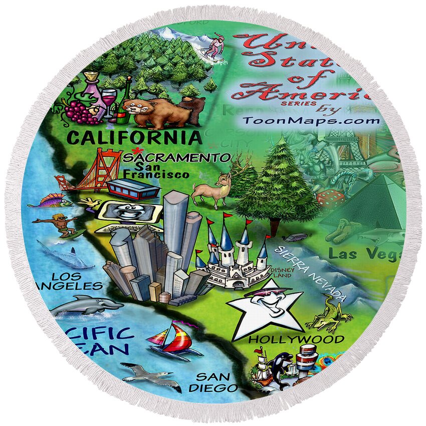 California Round Beach Towel featuring the digital art California Fun Map by Kevin Middleton