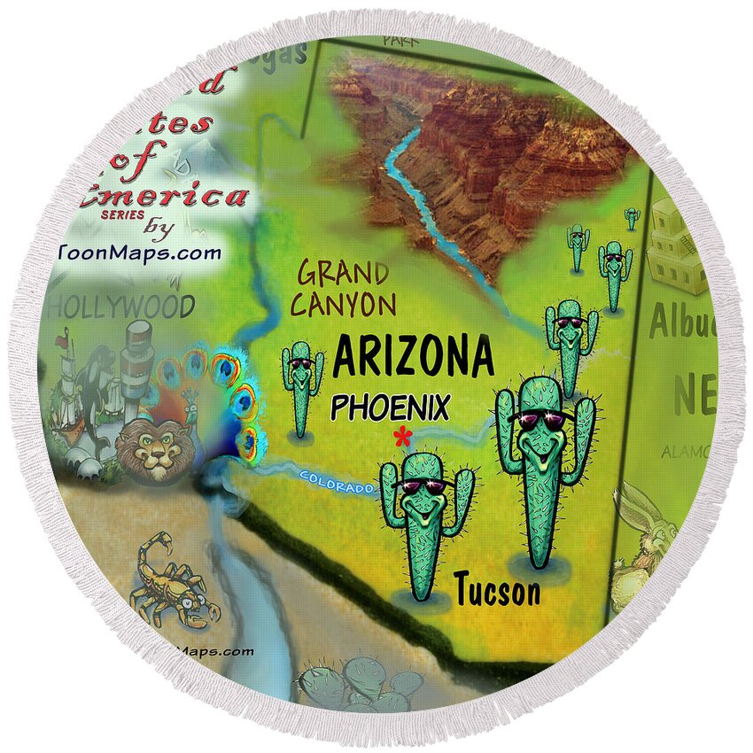 Arizona Round Beach Towel featuring the digital art Arizona Fun Map by Kevin Middleton