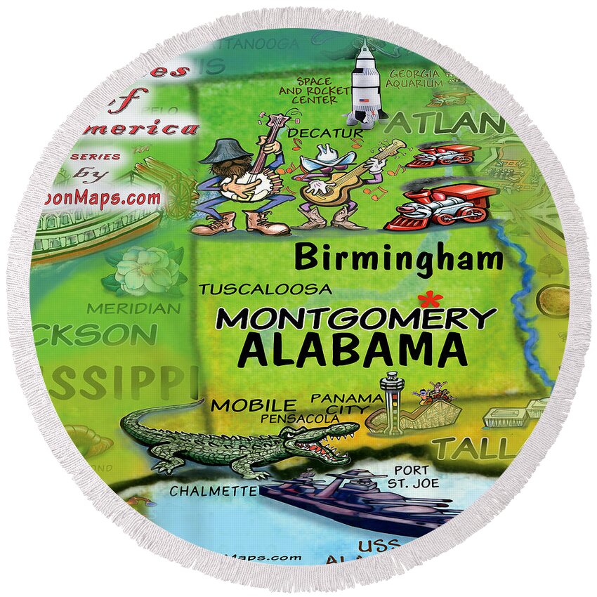 Alabama Round Beach Towel featuring the digital art Alabama Fun Map by Kevin Middleton