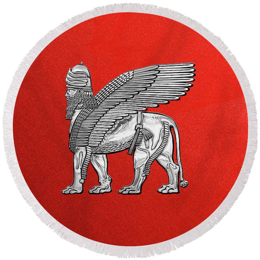 ‘treasures Of Mesopotamia’ Collection By Serge Averbukh Round Beach Towel featuring the digital art Assyrian Winged Lion - Silver Lamassu over Red Canvas by Serge Averbukh