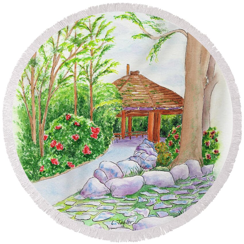 Gazebo Round Beach Towel featuring the painting Pavilion Pathway by Lori Taylor