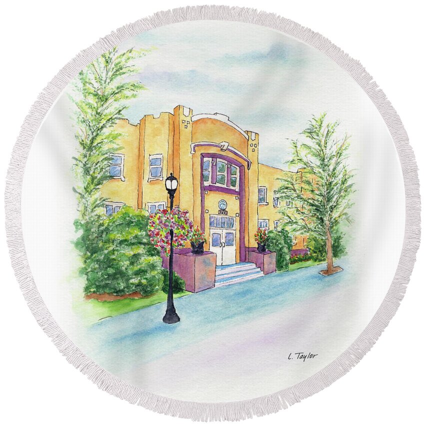 Historic Armory Round Beach Towel featuring the painting Historic Armory by Lori Taylor