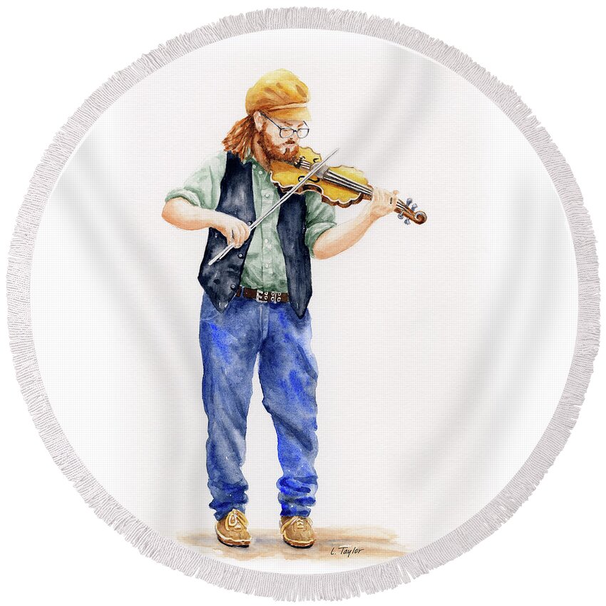 Musician Round Beach Towel featuring the painting Main Street Minstrel 1 by Lori Taylor