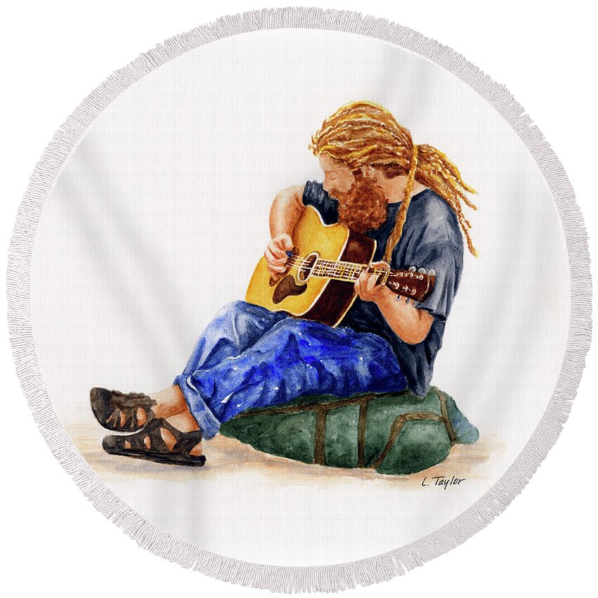 Musician Round Beach Towel featuring the painting Main Street Minstrel 2 by Lori Taylor