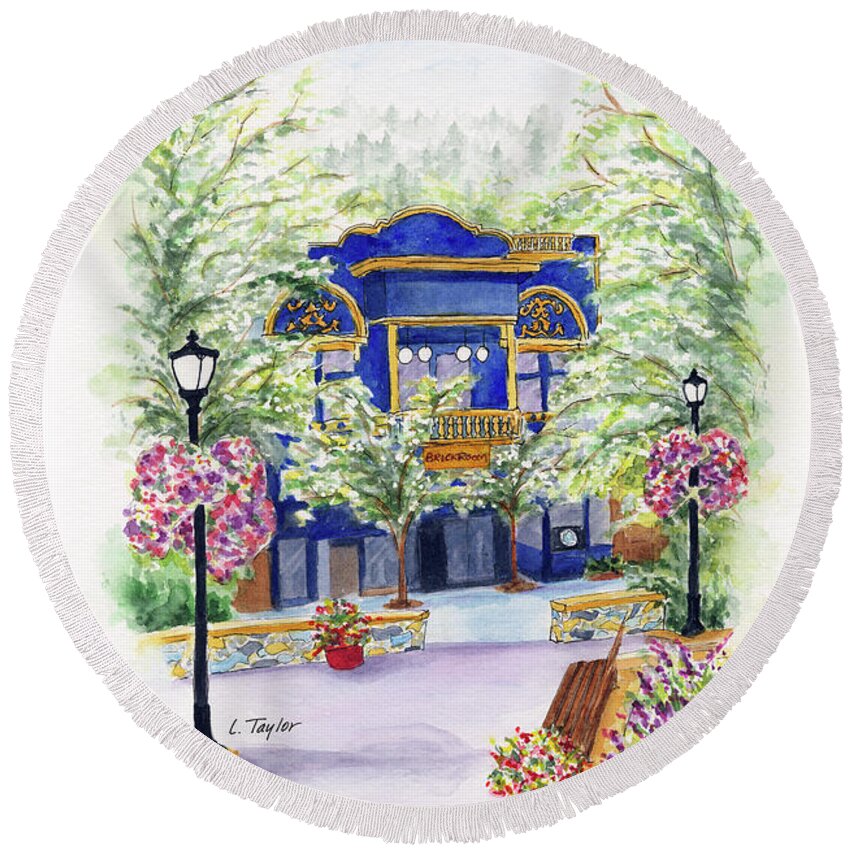 Small Town Round Beach Towel featuring the painting Brickroom on the Plaza by Lori Taylor