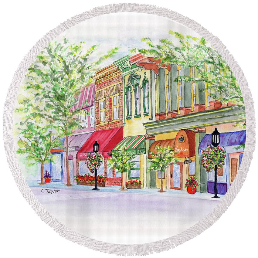 Ashland Oregon Round Beach Towel featuring the painting Plaza Shops by Lori Taylor