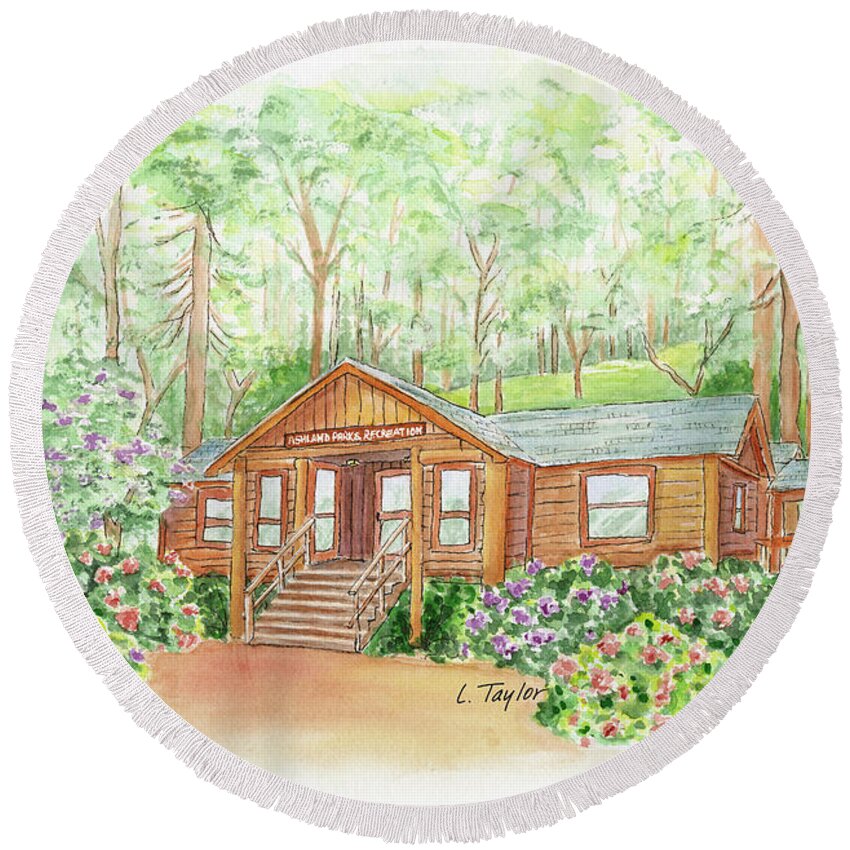 Log Cabin Round Beach Towel featuring the painting Office in the Park by Lori Taylor