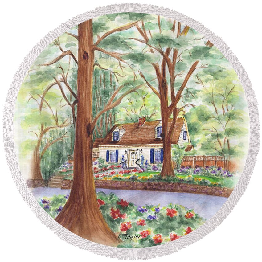 Cottage In Woods Round Beach Towel featuring the painting Main Street Charmer by Lori Taylor