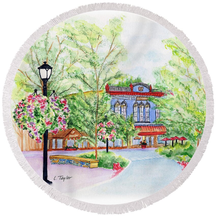 Black Sheep Pub Round Beach Towel featuring the painting Black Sheep on the Plaza by Lori Taylor