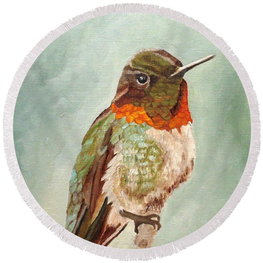 Ruby-throated Hummingbird Round Beach Towel featuring the painting Male Ruby-throated Hummingbird by Angeles M Pomata