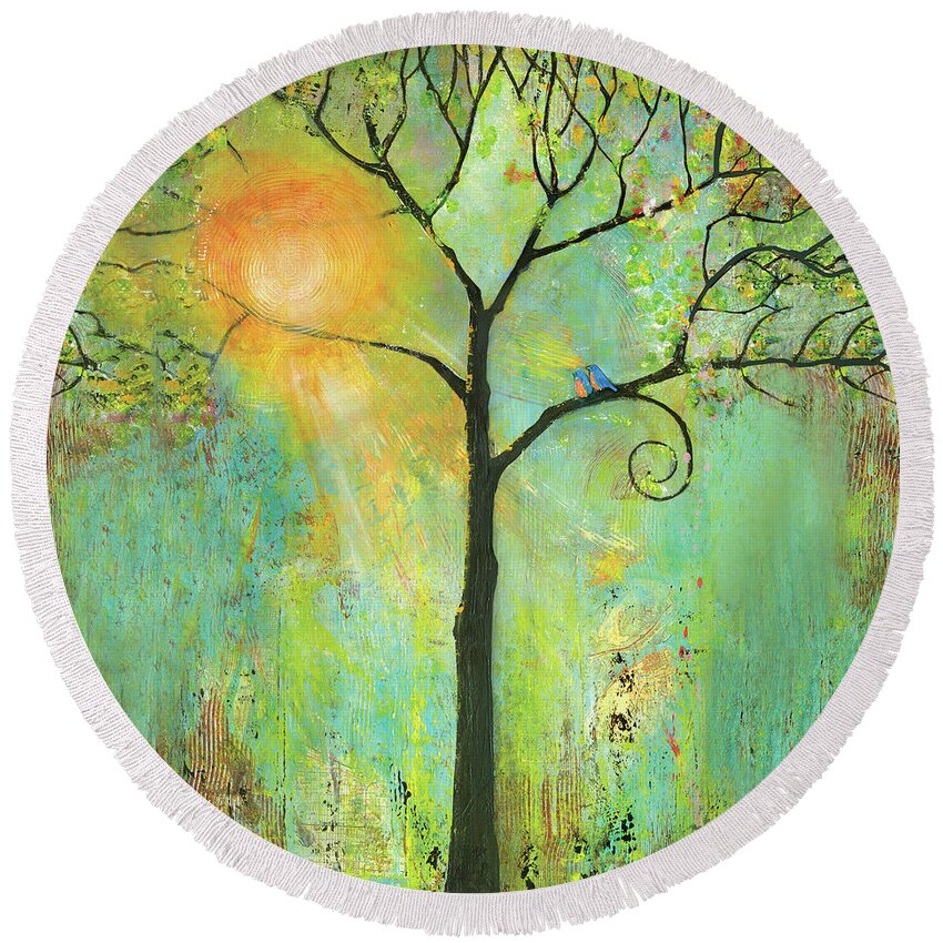Tree Round Beach Towel featuring the painting Hello Sunshine Tree Birds Sun by Blenda Studio