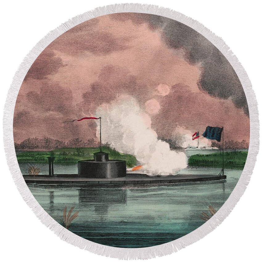 Ironclad Round Beach Towel featuring the mixed media IronClad Monitor Montauk Destroying Rebel Steamship - 1863 by War Is Hell Store