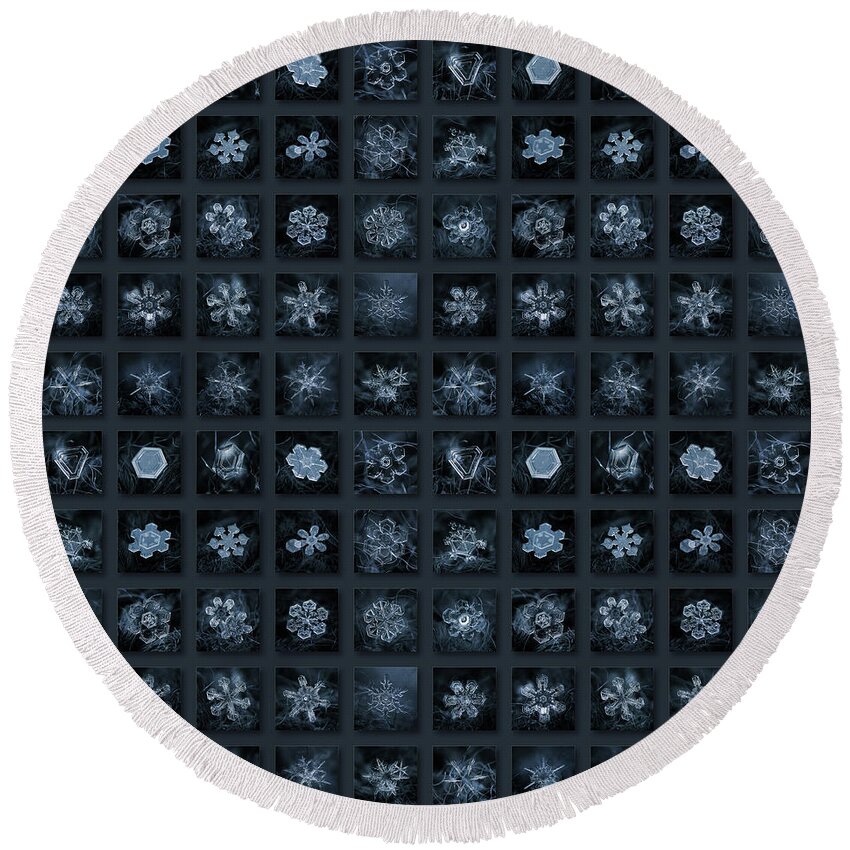 Snowflake Round Beach Towel featuring the photograph Snowflake collage - Season 2013 dark crystals by Alexey Kljatov