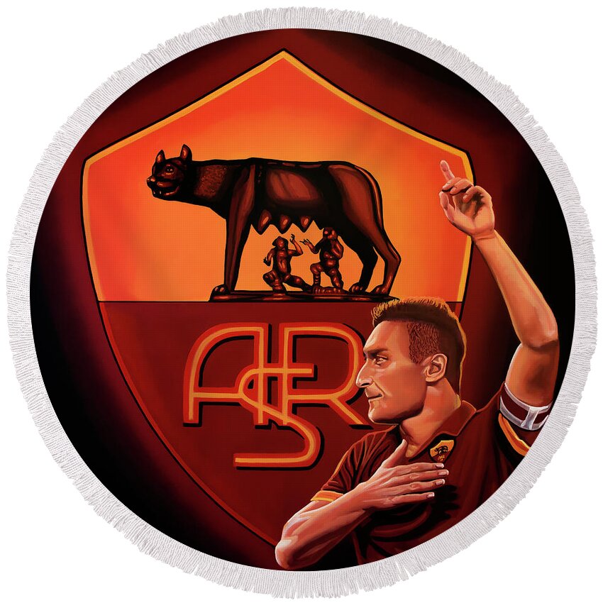 Francesco Totti Round Beach Towel featuring the painting AS Roma Painting by Paul Meijering