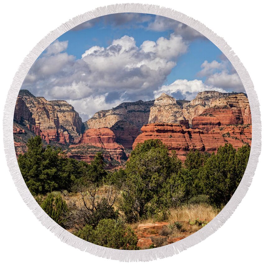 Sedona Round Beach Towel featuring the photograph As The Clouds Pass on by in Sedona by Saija Lehtonen