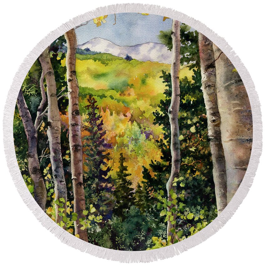 Autumn Painting Round Beach Towel featuring the painting Aspen Afternoon by Anne Gifford