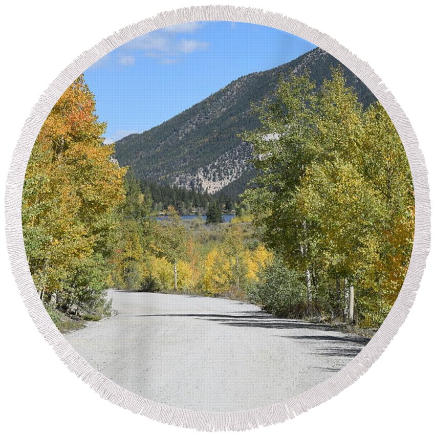 Aspen_line_road Round Beach Towel featuring the photograph Aspen Lined Road by Margarethe Binkley