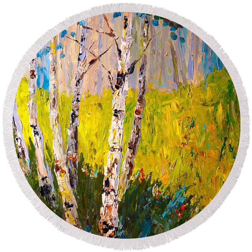 Aspen Round Beach Towel featuring the painting Aspen Spring by Alan Lakin