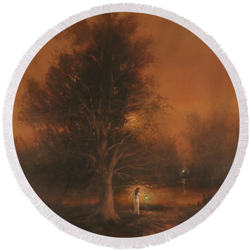 Twilight; Moody Landscape; Woman With Lantern; Tom Shropshire Painting; Atmospheric Landscape Round Beach Towel featuring the painting Assignation by Tom Shropshire