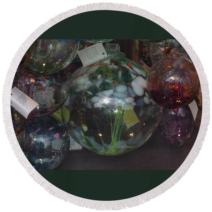 Photograph Round Beach Towel featuring the photograph Assorted Witching Balls by Suzanne Gaff